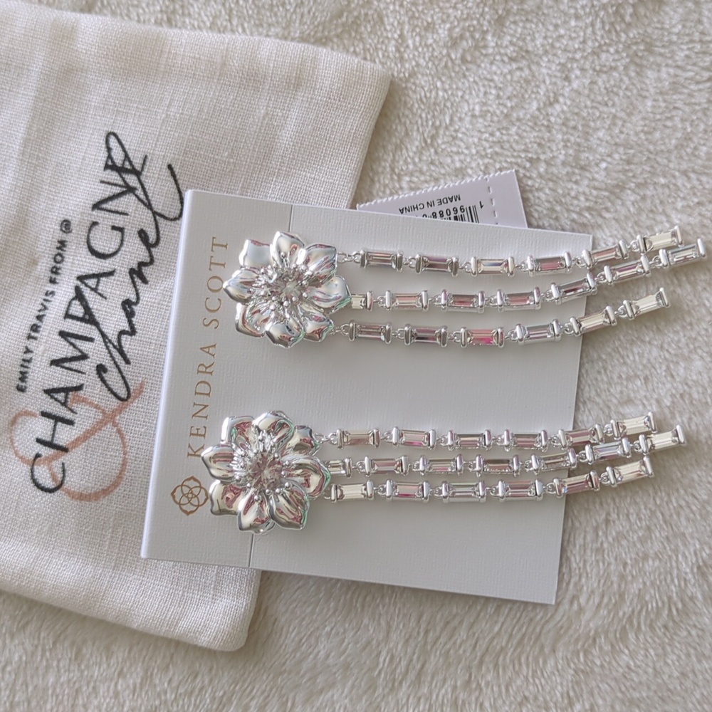 Kendra Scott Cameron Bright Silver Statement Earrings New Emily Travis Champagne